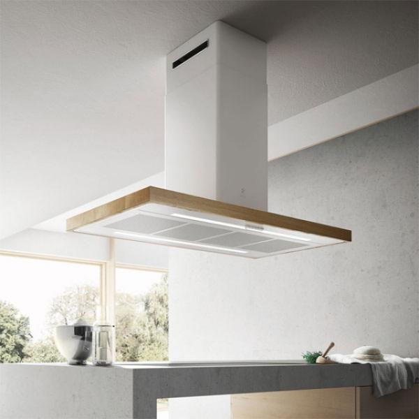 Elica BIO ISLAND WH/A/120x58 ROVERE - Inselhaube, Weiss/Eichenholz, Umluft/Abluft, 120 cm